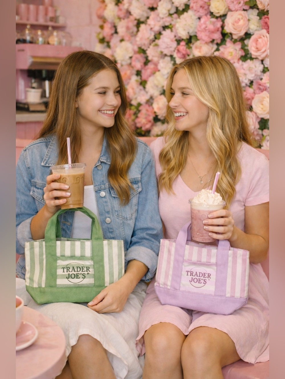 Trader Joe's Striped Mini Tote Bag - Pink and Green (Set)